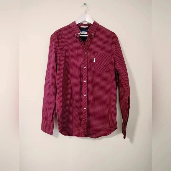 Ben Sherman Mens Button Front Shirt Medium Blue Red Original Gingham 100% Cotton - Picture 1 of 6